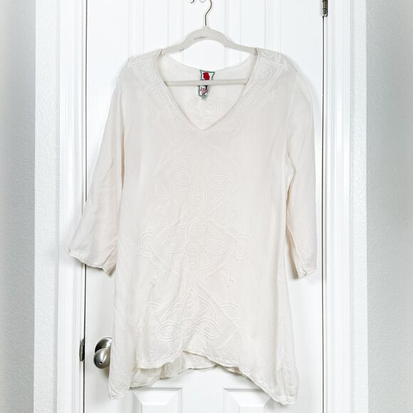 Johnny Was Tops - Johnny Was Ivory Cream Embroidered Tunic Top Women’s L 3/4 Sleeve Boho FLAW